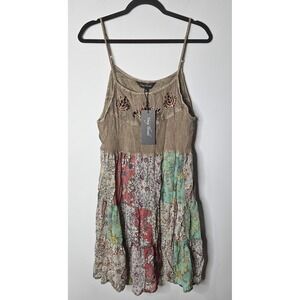 Young Threads Gravel Patchwork Strappy Floral Embroidered Mini Dress NWT Women M